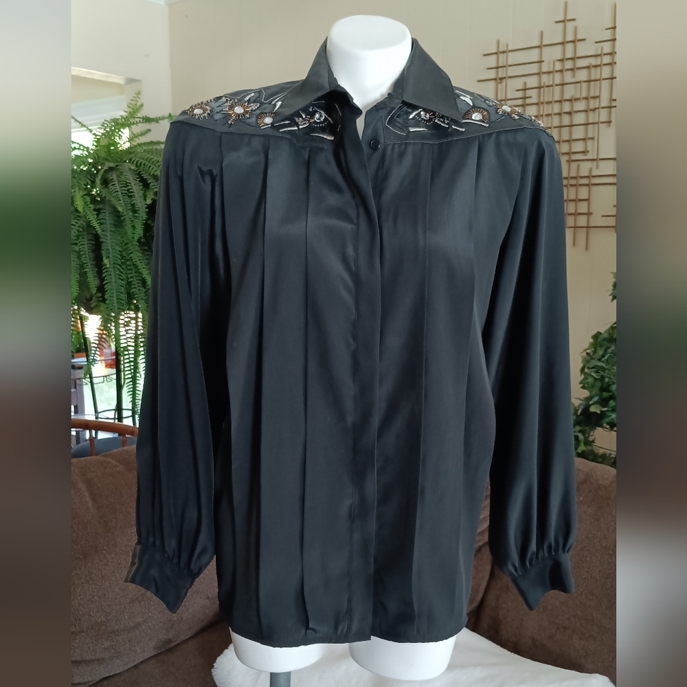 VTG Blackstar Pleated Blouse Starburst Beaded Embroidery Faux Snake Skin Sz 10